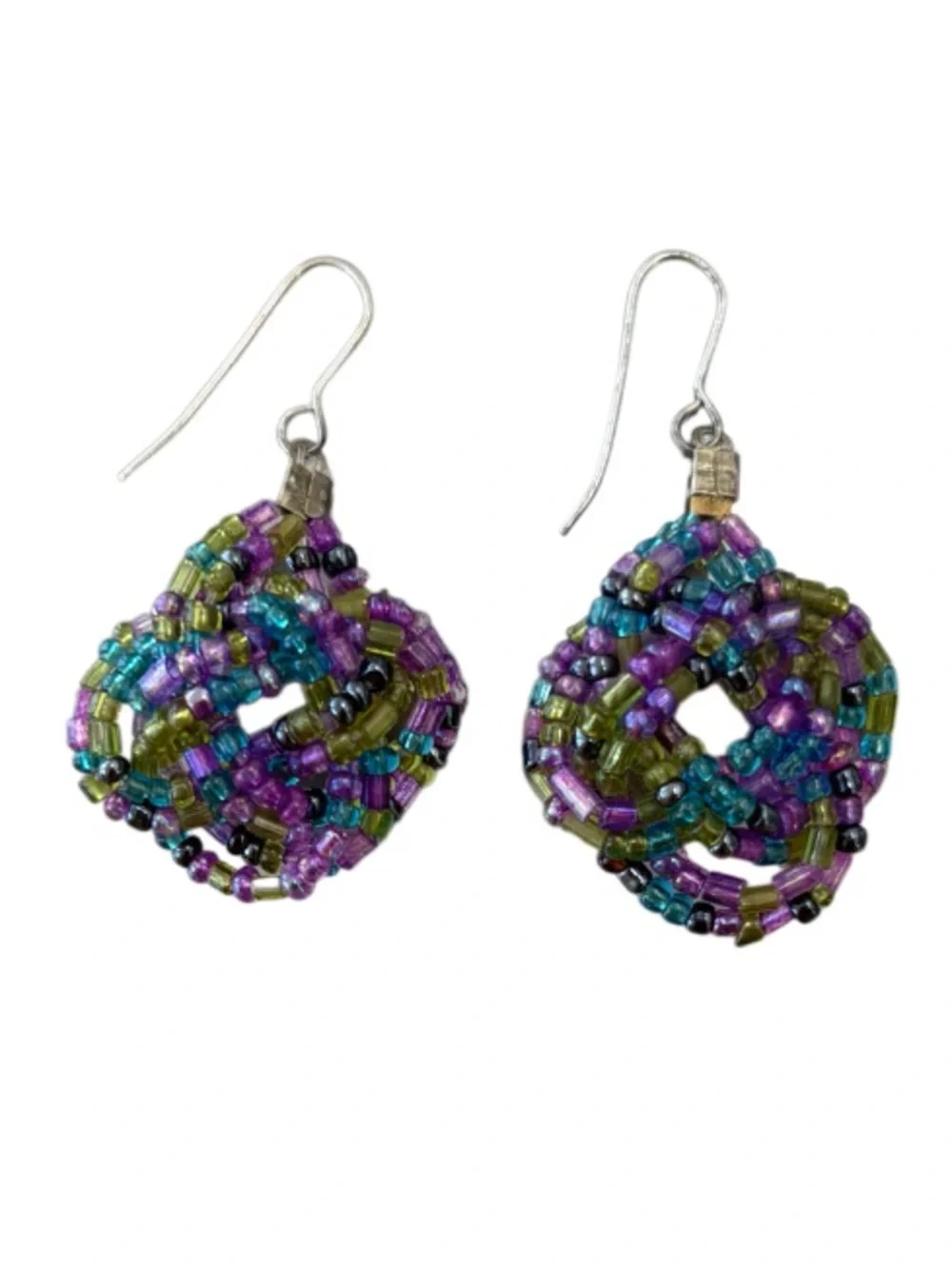 Vintage Beaded Earrings Handmade Flower Dangle Wire Coquette Blue Purple Rose